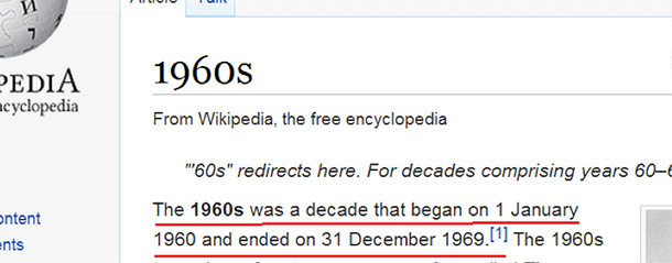 Wikipedia entry for 1960s