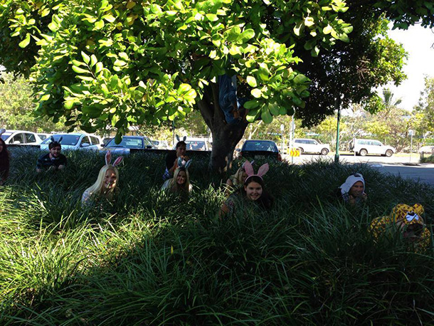 Rotaract members in Easter bunny costumes hiding in grass