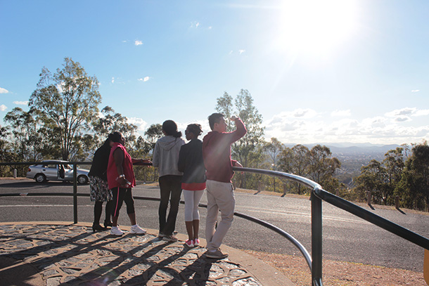 Mpho and friends looking out to view at Mt Gravatt Lookout
