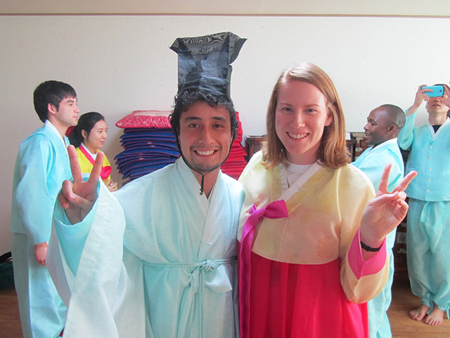 Griffith University students Oscar and Angela wearing hanbok in Korea