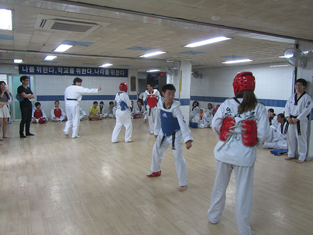 tae kwon do students sparring