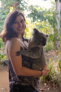 My sister, Christine, holding a koala at Currumbin Wildlife Sanctuary