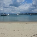 Vista of the beach with yachts bobbing in the water