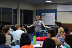 Staff member makes presentation at retreat.