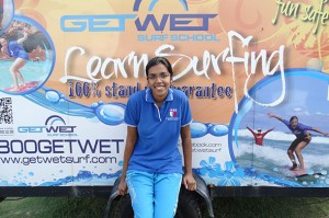 Tharshika before her learn to surf class.