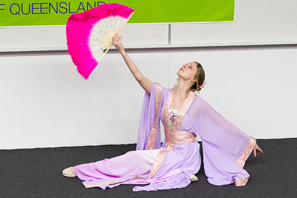 Shannon Performing a Chinese fan dance in Western ballet style at the Brisbane Chinese Bridge