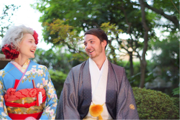 Kurt and friend dressed in traditional Japanese costume.