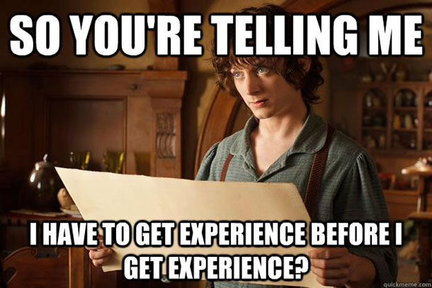 Image of Frodo with caption, You're telling me I have to get experience to get experience?