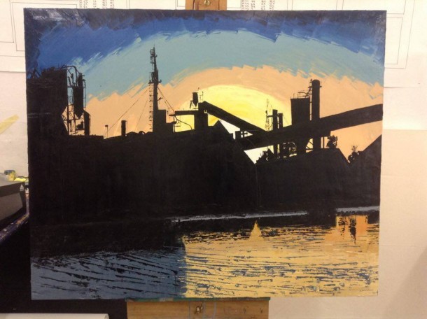 Painting of a sunset falling behind industrial buildings along the Brisbane River.