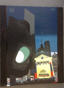 Painting of a traffic light in Melbourne in front of busy train station.
