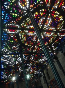 Stained glass ceiling showing beautiful colours located in the National Gallery of Victoria.