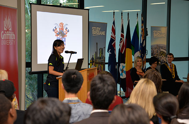 Brisbane International Student Ambassador, Haruka addresses ceremony guests.