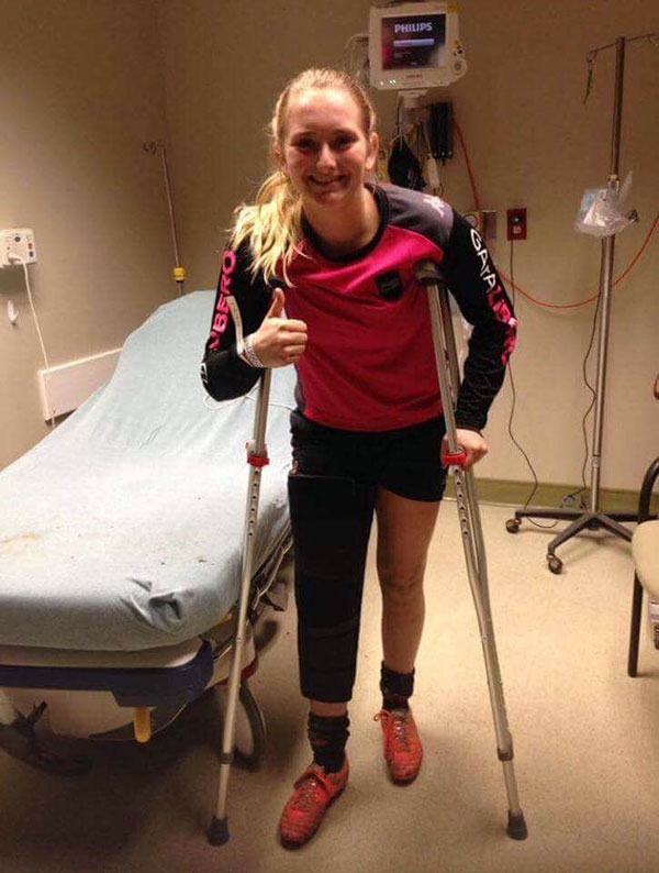 Brianna on crutches after surgery on her ACL ligament
