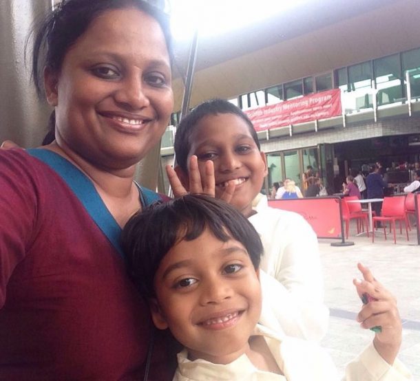 Wasanthi with her sons at the Nathan campus.